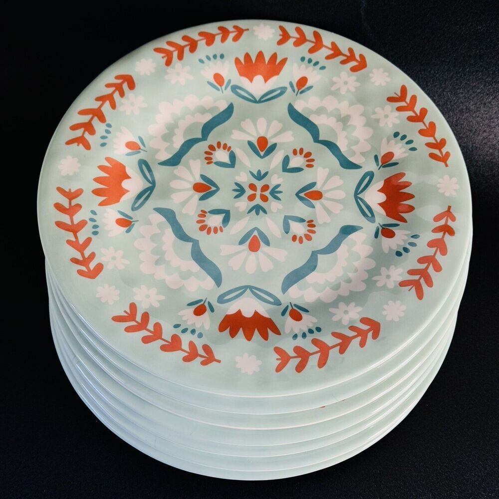 7 BAUM Brothers ESSEX FOLK MEDALLION Melamine 10.5” Dinner Plate Teal Coral Set